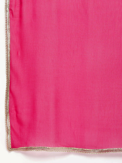 Women's Pink Floral Print A- Line Kurta With Lace Detailing & Pink Solid Palazzo With Lace Detailing