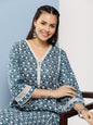 Women's Blue Floral Print A-Line Kurta With Lace Details & Blue Floral Print Palazzo