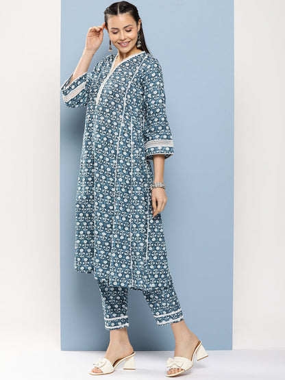 Women's Blue Floral Print A-Line Kurta With Lace Details & Blue Floral Print Palazzo