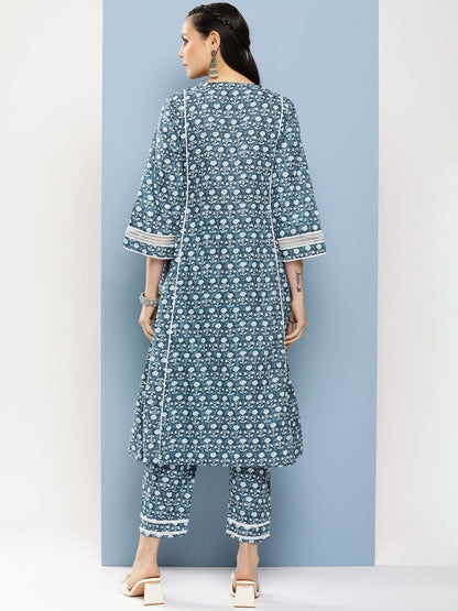 Women's Blue Floral Print A-Line Kurta With Lace Details & Blue Floral Print Palazzo