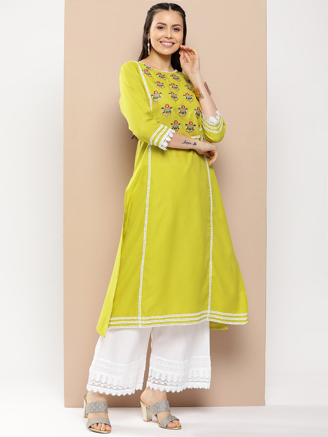 Women's Green And Red Yoke Design Kurta With Lace Details & Off White Palazzos
