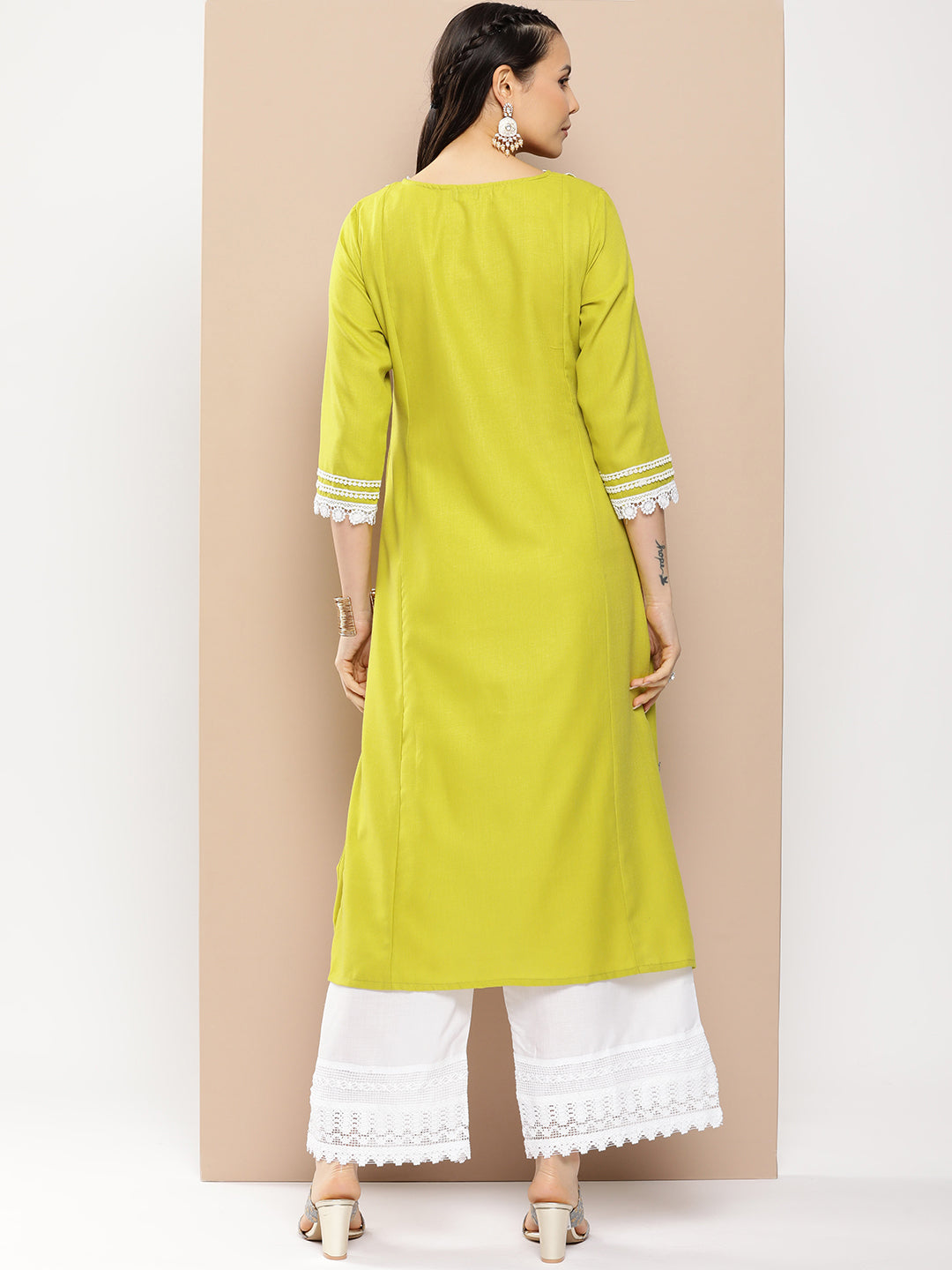 Women's Green And Red Yoke Design Kurta With Lace Details & Off White Palazzos