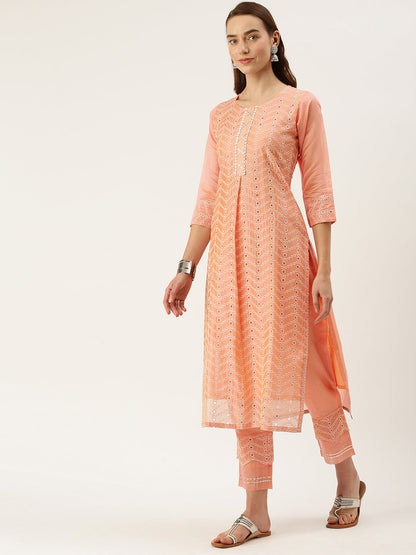 Women's Peach Color Chanderi Silk Straight Embroidered Kurta Pant With Dupatta