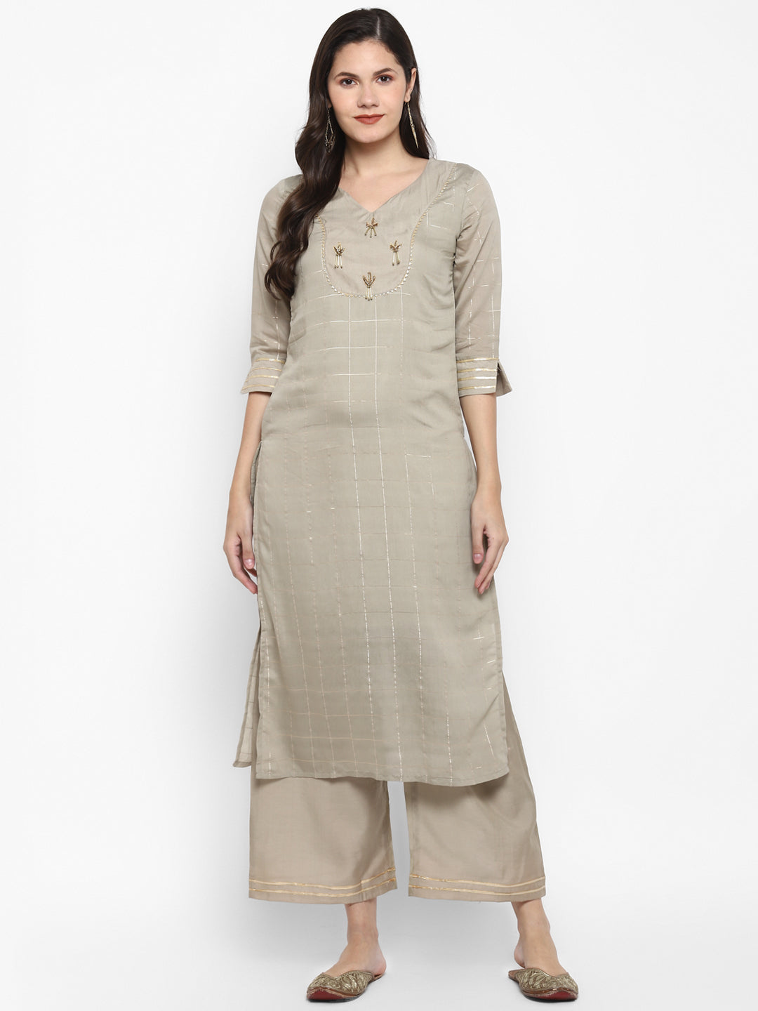 Women's Grey Color Chanderi Silk Embroidered Straight Kurta Palazzo With Dupatta