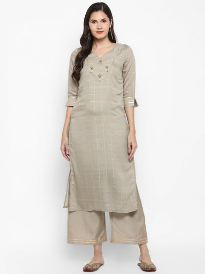 Women's Grey Color Chanderi Silk Embroidered Straight Kurta Palazzo With Dupatta