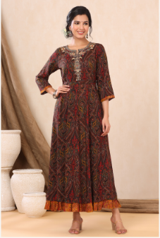 Women's Black Rayon Printed Flared Dress with Belt