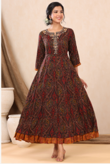 Women's Black Rayon Printed Flared Dress with Belt