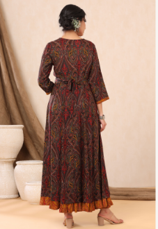 Women's Black Rayon Printed Flared Dress with Belt