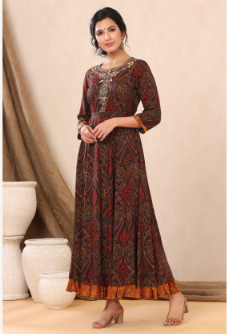 Women's Black Rayon Printed Flared Dress with Belt