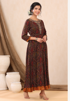 Women's Black Rayon Printed Flared Dress with Belt