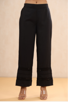 Women's Black Rayon Solid Flared Palazzo with Lacework