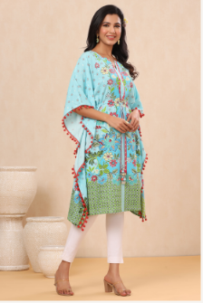 Women's Skyblue Rayon Printed Straight Kaftan