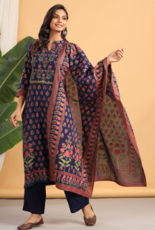 Women's Navy Rayon Printed Straight Kurta Palazzo Dupatta Set