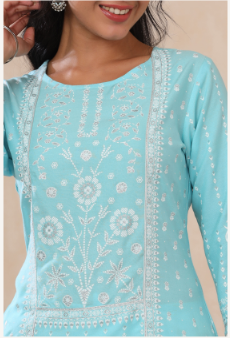 Women's Aqua Rayon Printed Straight Kurta