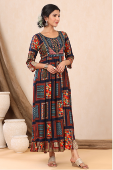 Women's Navy Rayon Printed Flared Dress