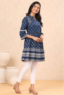 Women's Indigo Rayon Printed Flared Tunic