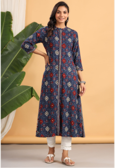 Women's Indigo Rayon Printed A-Line Kurta
