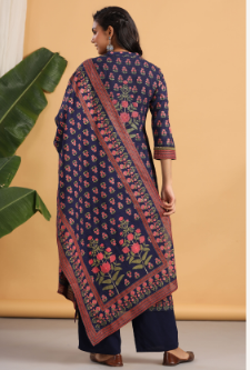 Women's Navy Rayon Printed Straight Kurta Palazzo Dupatta Set