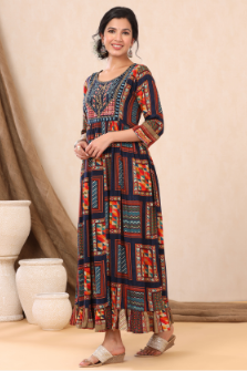 Women's Navy Rayon Printed Flared Dress