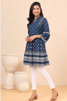 Women's Indigo Rayon Printed Flared Tunic
