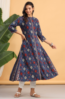 Women's Indigo Rayon Printed A-Line Kurta