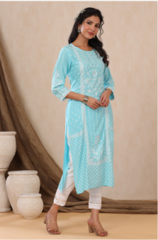 Women's Aqua Rayon Printed Straight Kurta
