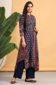 Women's Navy Rayon Printed Straight Kurta Palazzo Dupatta Set