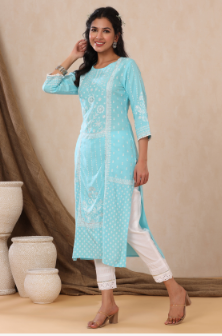 Women's Aqua Rayon Printed Straight Kurta