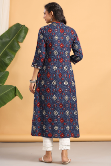 Women's Indigo Rayon Printed A-Line Kurta
