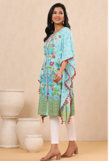 Women's Skyblue Rayon Printed Straight Kaftan