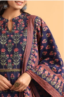 Women's Navy Rayon Printed Straight Kurta Palazzo Dupatta Set