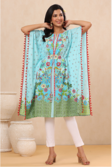Women's Skyblue Rayon Printed Straight Kaftan