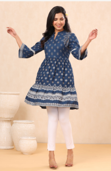 Women's Indigo Rayon Printed Flared Tunic