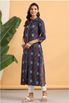 Women's Indigo Rayon Printed A-Line Kurta