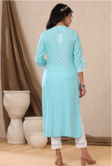 Women's Aqua Rayon Printed Straight Kurta