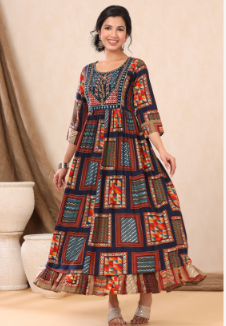 Women's Navy Rayon Printed Flared Dress