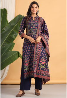 Women's Navy Rayon Printed Straight Kurta Palazzo Dupatta Set