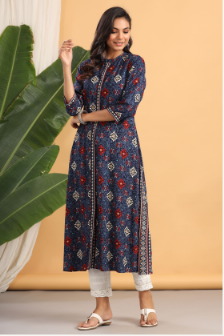 Women's Indigo Rayon Printed A-Line Kurta