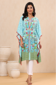 Women's Skyblue Rayon Printed Straight Kaftan