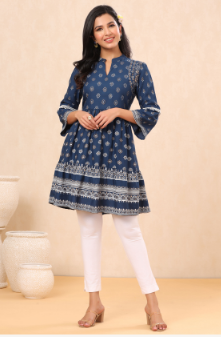 Women's Indigo Rayon Printed Flared Tunic