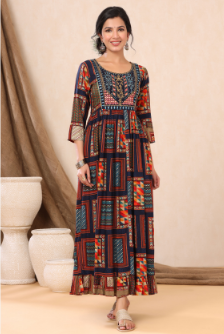 Women's Navy Rayon Printed Flared Dress