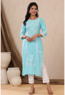 Women's Aqua Rayon Printed Straight Kurta