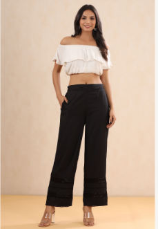 Women's Black Rayon Solid Flared Palazzo with Lacework