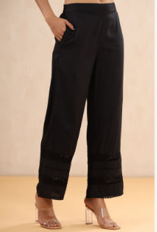 Women's Black Rayon Solid Flared Palazzo with Lacework