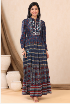 Women's Indigo Rayon Printed Flared Gown
