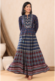 Women's Indigo Rayon Printed Flared Gown