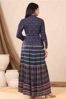 Women's Indigo Rayon Printed Flared Gown