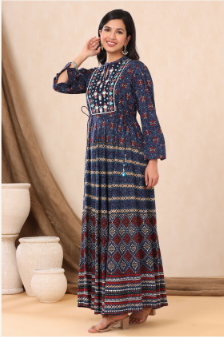 Women's Indigo Rayon Printed Flared Gown