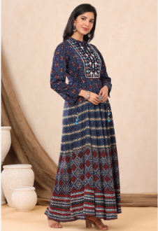 Women's Indigo Rayon Printed Flared Gown