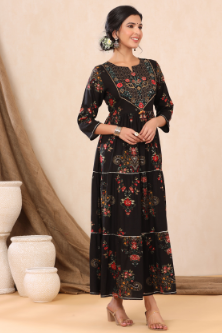 Women's Black Rayon Printed Flared Dress